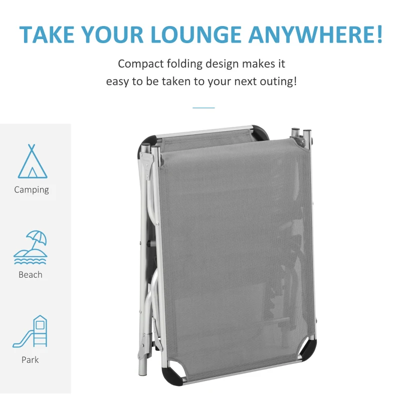 Best Foldable Reclining Sun Lounger Lounge Chair Camping Bed Cot w/ Pillow 4-Level Adjustable Back Aluminium Frame Grey - Image 5