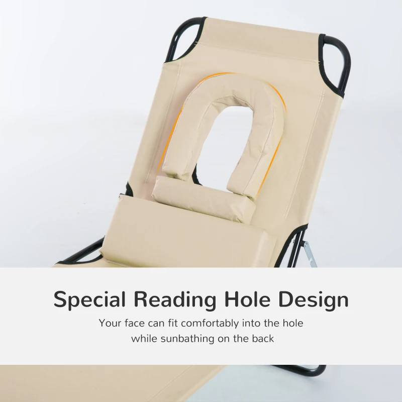 Best Outdoor Folding Sun Lounger with Face Hole, 4 Level Adjustable Backrest Reclining Garden Lounger, Garden Recliner Sunbed with 600 D Oxford Cloth Seat and Pillow for Beach, Beige - Image 7