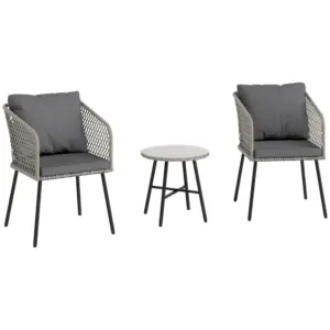 Best 3 Piece Rattan Bistro Set with 2 Chairs, Tempered Glass Table, Cushions, Adjustable Foot Pads for Garden, Balcony, Grey