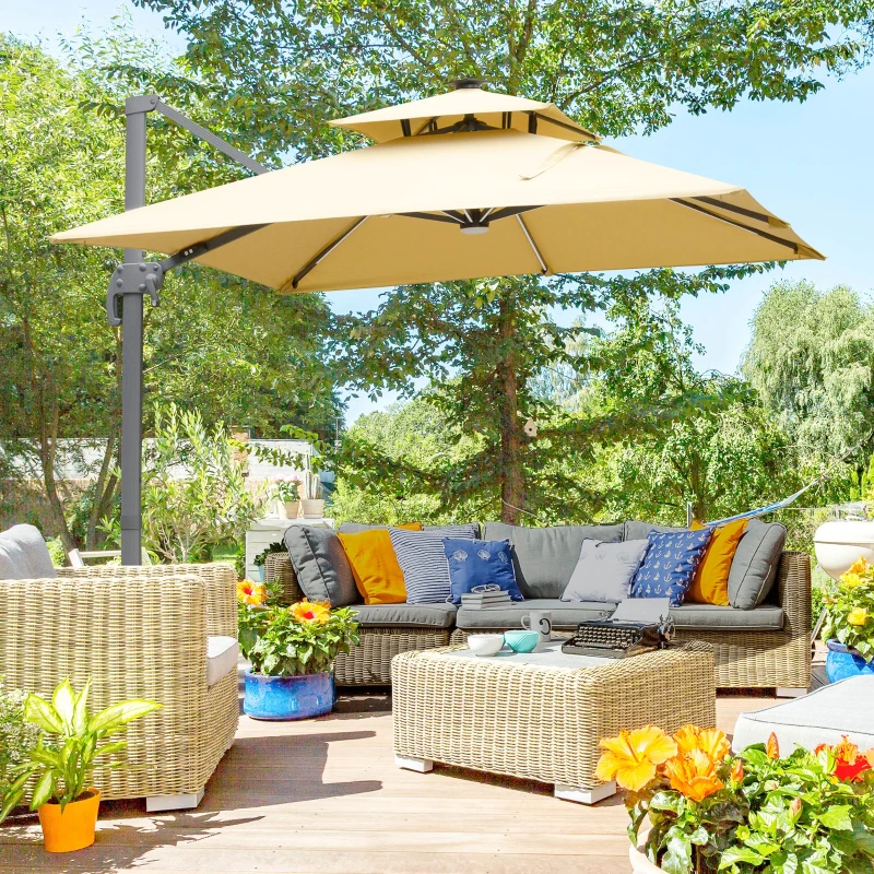 Best 3m Cantilever Parasol, Outdoor Offset Patio Umbrella, Solar LED Lighted Hanging Sun Shade Canopy with Tilt and Crank Handle, Cross Base for Lawn, Khaki - Image 2