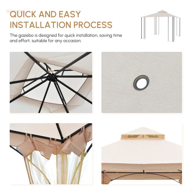 Best 3 x 3(m) Garden Gazebo Patio Party Tent Shelter Outdoor Canopy Double Tier Sun Shade Metal Frame Netting, Beige - Image 6