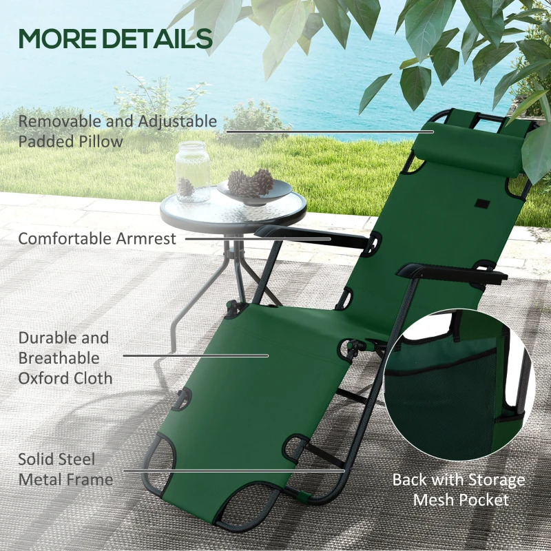 Best 2 in 1 Sun Lounger Folding Reclining Chair Garden Outdoor Camping Adjustable Back with Pillow, Green - Image 6