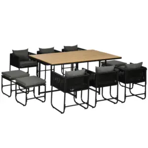 Best 10 Seater Rattan Cube Garden Furniture Set, Rattan Dining Set with Cushions, Outdoor Dining Table and Chairs with 6 Armchairs, 4 Stools, Rectangular Wood Grain Plastic Top Table, Black