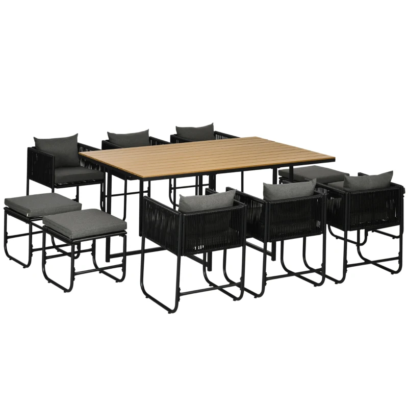 Best 10 Seater Rattan Cube Garden Furniture Set, Rattan Dining Set with Cushions, Outdoor Dining Table and Chairs with 6 Armchairs, 4 Stools, Rectangular Wood Grain Plastic Top Table, Black