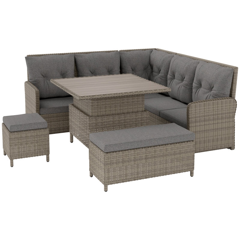 Best 6 Pieces Outdoor PE Rattan Garden Furniture, Patio Wicker Sectional Conversation Corner Sofa w/ Soft Padded Cushion & Liftable Coffee Table, Light Grey - Image 11
