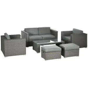 Best 6PC Garden Rattan Sofa Set Bonzer Outdoor Furniture Patio Table Loveseat Stool Lounging Ottoman Aluminium Frame Wicker Weave Conservatory Grey