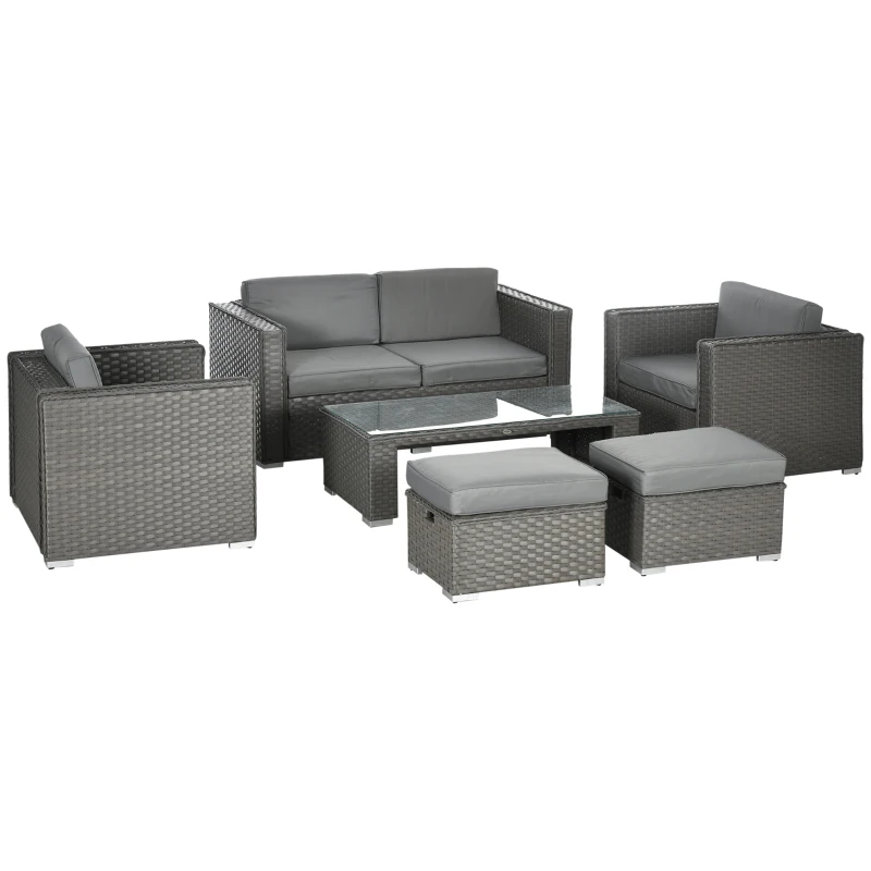 Best 6PC Garden Rattan Sofa Set Bonzer Outdoor Furniture Patio Table Loveseat Stool Lounging Ottoman Aluminium Frame Wicker Weave Conservatory Grey