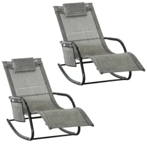 Best 2PCs Outdoor Garden Rocking Chair, Patio Sun Lounger Rocker Chair with Breathable Mesh Fabric, Removable Headrest Pillow, Armrest, Side Storage Bag, Dark Grey
