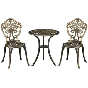 Best 3 Piece Cast Aluminium Garden Bistro Set for 2 with Parasol Hole, Outdoor Coffee Table Set, Two Armless Chairs and Round Coffee Table for Balcony, Patio, Bronze