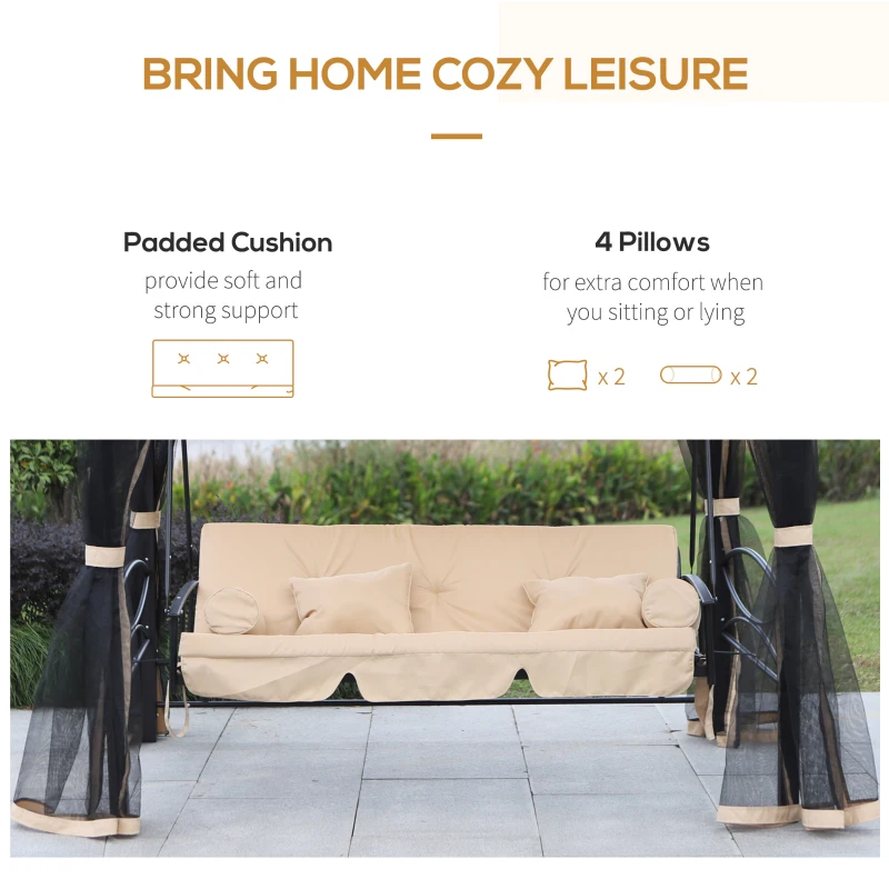 Best 3 Seater Swing Chair 3-in-1 Convertible Garden Swing Seat Bed Gazebo Patio Bench Outdoor with Double Tier Canopy, Cushioned Seat, Mesh Sidewalls, Beige - Image 8