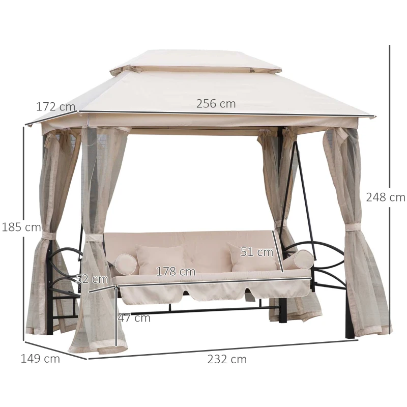 Best 2-in-1 Convertible Gazebo Swing Chair Bed W/Netting, 245Lx165Wx243H cm-Beige/Black - Image 3