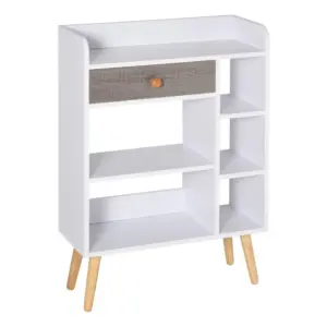 Best Bookcase, Freestanding Book Shelf with Storage Drawer, 6 Shelves and Wood Legs for Home Office Display, White and Grey, 24D x 60W x 86.8H cm
