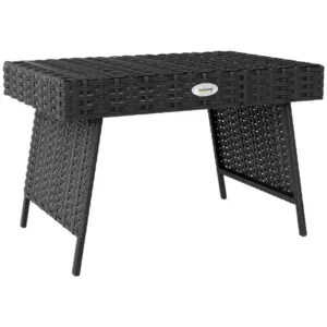 Best Foldable Outdoor Side Table, Rattan Garden Coffee Table with Steel Frame, Space Saving Bistro Garden Furniture for Patio, Balcony, 60 x 41 x 41 cm, Black