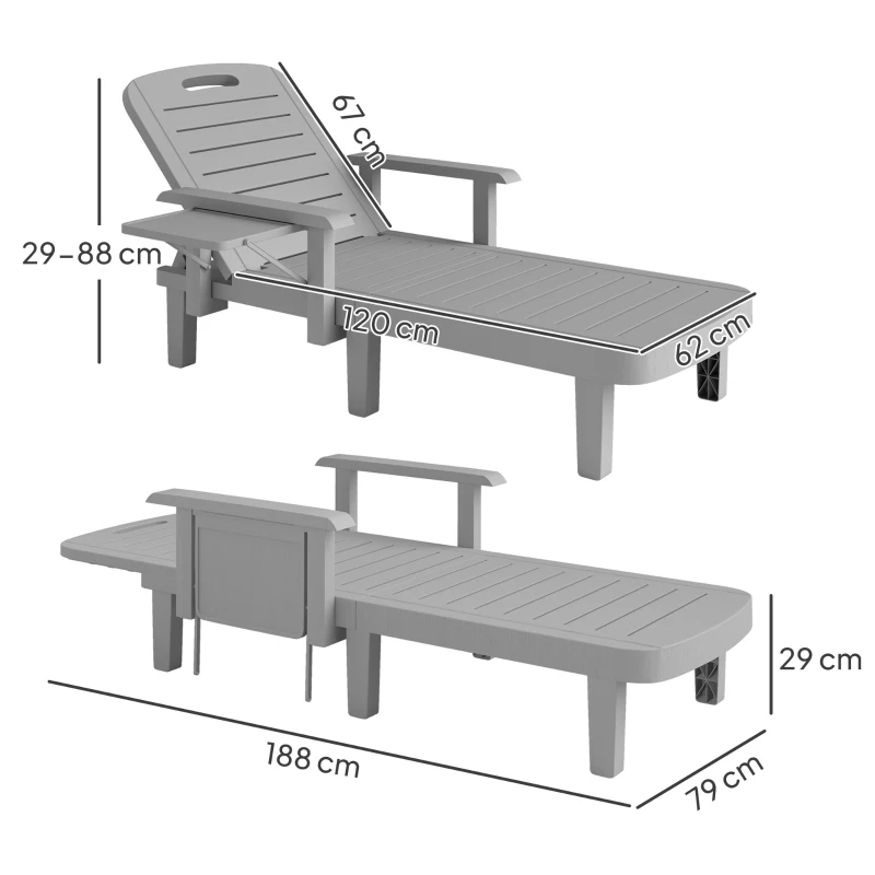 Best Set of 2 Resin Reclining Sun Loungers for Garden, 5 Positions Adjustable Outdoor Chaise Lounge Chairs with Wood Texture Surface, Armrests, Foldable Side Table for Garden, Beach, Light Grey - Image 3
