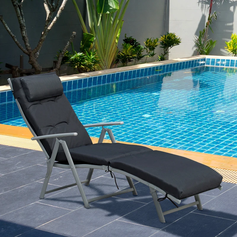 Best Steel Frame Outdoor Garden Padded Sun Lounger w/ Pillow Black - Image 2