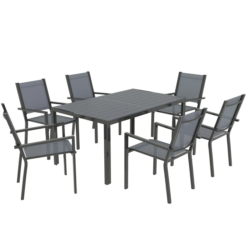 Best 7 Piece Garden Dining Set, Outdoor Furniture Set with 6 Stackable Chairs and 150 cm Rectangle Table, WPC Slatted Top, Rust-Resistant Steel Frame, for Garden, Porch, Terrace