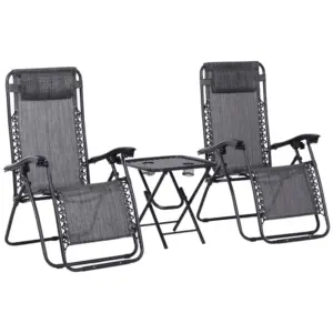 Best 3pcs Folding Zero Gravity Chairs Sun Lounger Table Set w/ Cup Holders Reclining Garden Yard Pool, Light Grey