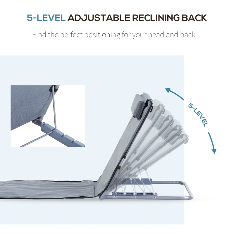 Best Set of 2 Foldable Garden Beach Chair Mat Lightweight Outdoor Sun Lounger Seats Adjustable Back Metal Frame PE Fabric Head Pillow w/ Carry Bag,Grey - Image 5