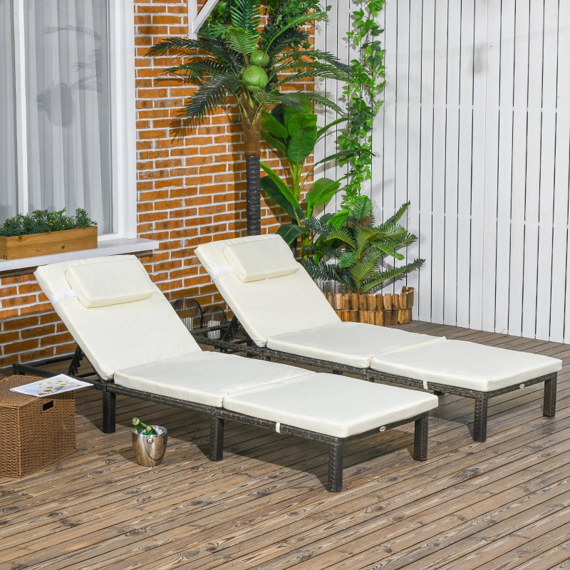 Best Set of Two Reclining Rattan Sun Loungers, with Cushions - Brown/Cream - Image 10