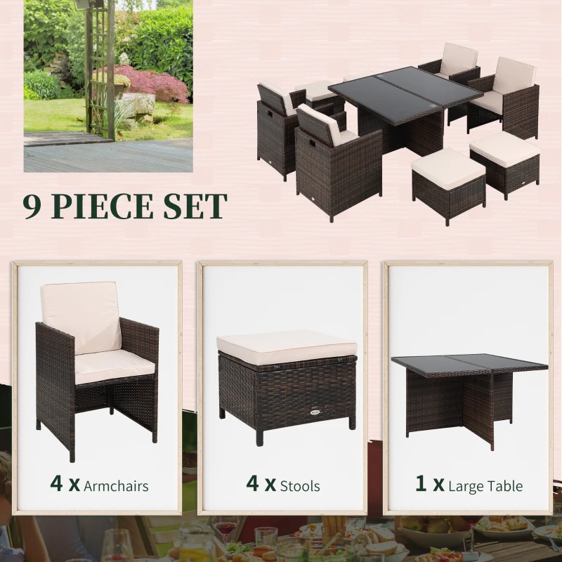 Best 8 Seater Rattan Cube Garden Furniture Set, Rattan Dining Set with Cushions, Outdoor Dining Table and Chairs with 4 Armchairs, 4 Stools, Square Glass Top Table for Patio, Balcony, Brown - Image 7