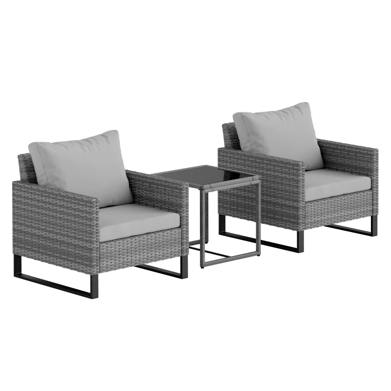 Best 3 Pieces Rattan Bistro Set with 4 Cushions, Wicker Garden Furniture Set, Glass Top Coffee Table and Chairs for Outdoor Patio, Balcony, Terrace and Conservatory, Grey