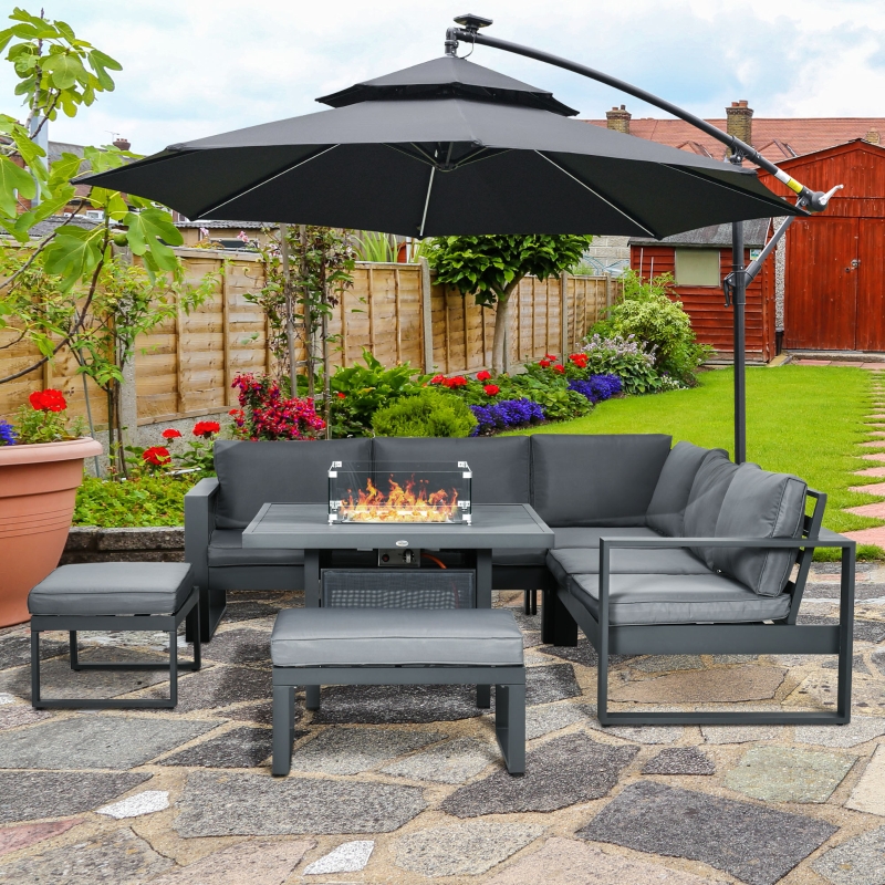 Best 6-Piece Aluminium Garden Furniture Set with Fire Pit Table, Outdoor Dining Sofa Set with Cushions, Loveseats and Footstools, Sectional Corner Conservatory Furniture for Patio, Grey - Image 10
