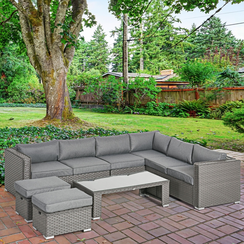 Best 6 Pieces Outdoor PE Rattan Wicker Corner Sofa Set with 10cm Thick Padded Cushions, Aluminium Conservatory Furniture with Glass Top Coffee Table, Footstools, Grey - Image 13