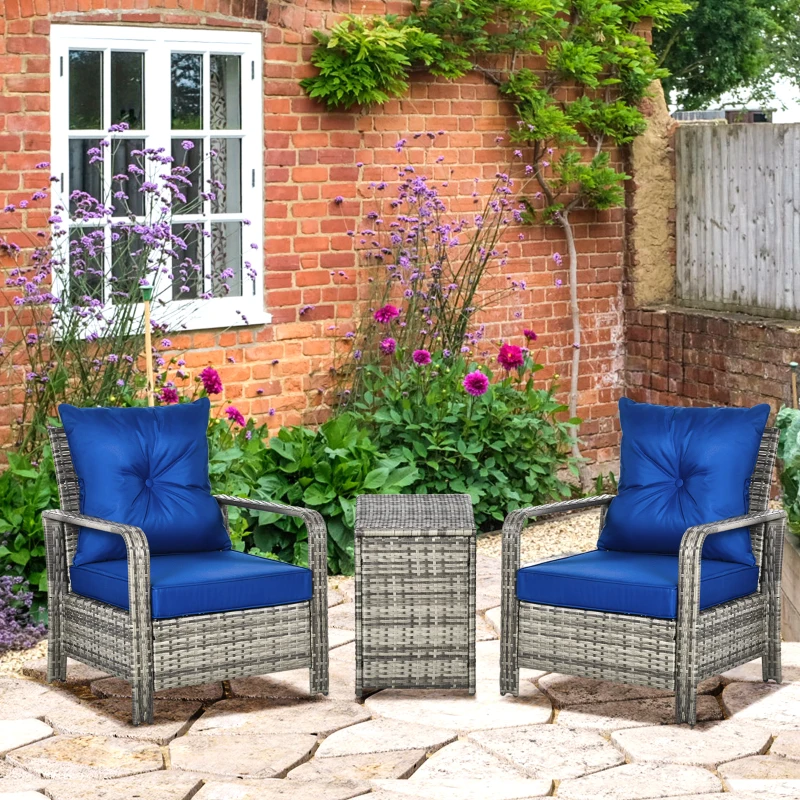 Best 3 Pieces Rattan Bistro Set, Wicker Garden Furniture Set with Storage Coffee Table and Chairs, Thickened Cushions for Outdoor, Patio, Balcony, Blue - Image 2