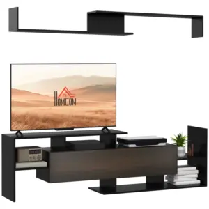 Best Modern TV Cabinet with Wall Shelf, TV Unit with Storage Shelf and Cabinet, for Wall-Mounted 65" TVs or Standing 40" TVs, Black and Dark Brown
