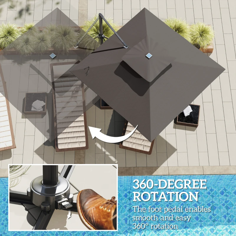 Best 3.5x3 m Garden Cantilever Parasol with Solar LED Lights and Centre Light, Aluminium Large Square Patio Umbrella, UPF50+ Hanging Sun Shade with Cross Base, Crank Handle and Tilt, Grey - Image 8