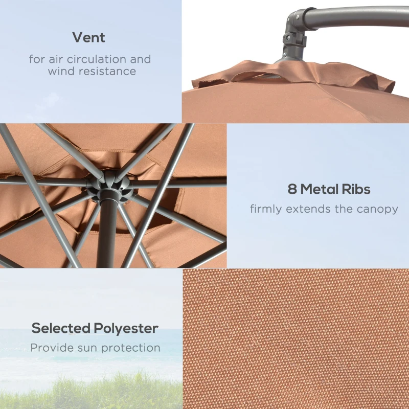 Best 3(m) Garden Banana Parasol Cantilever Umbrella with Crank Handle, Cross Base, Weights and Cover for Outdoor, Hanging Sun Shade, Coffee - Image 6