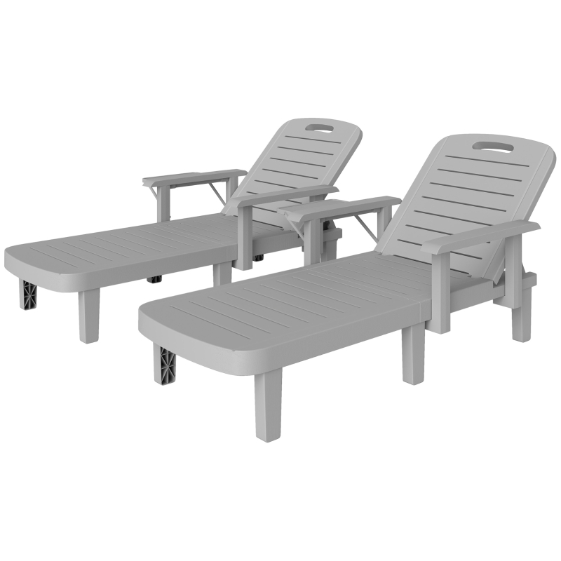 Best Set of 2 Resin Reclining Sun Loungers for Garden, 5 Positions Adjustable Outdoor Chaise Lounge Chairs with Wood Texture Surface, Armrests, Foldable Side Table for Garden, Beach, Light Grey - Image 11