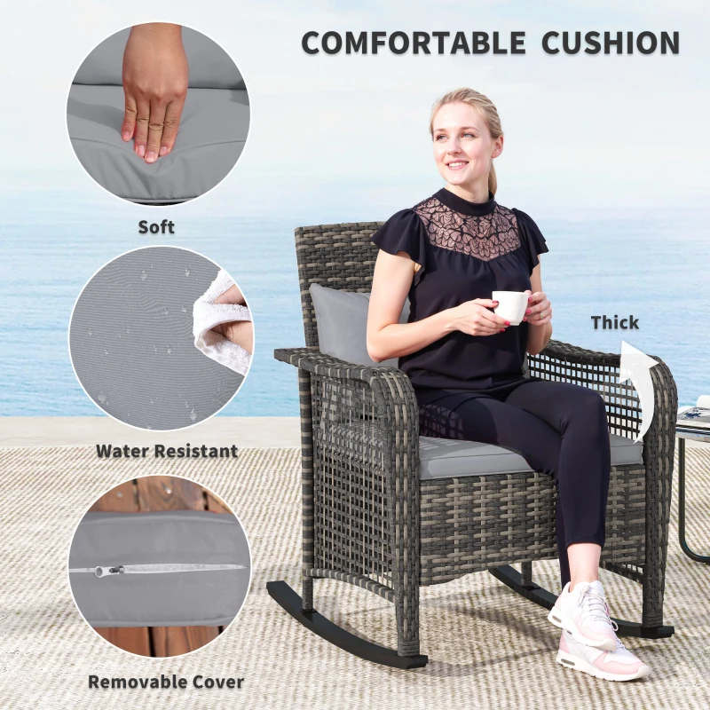 Best Garden Rocking Chair, Outdoor Rattan Rocker Lounge Chair with Seat and Back Cushions, Patio Armchair Seat with All-weather Wicker, Steel Frame for Porch Balcony, Light Grey - Image 5