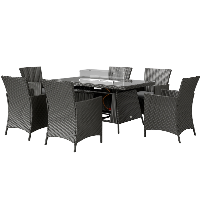 Best 7 Pieces Outdoor Rattan Garden Furniture with Fire Pit Table, 6 Seater Garden Table and Chairs with Cushions, Rattan Dining Set with Propane Heater Table, Windscreen, 50,000 BTU, Black - Image 11