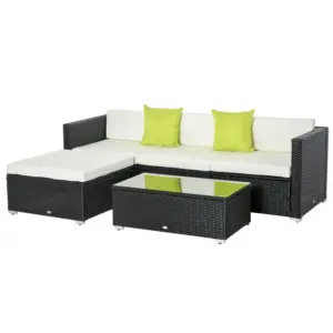 Best 4-Seater Rattan Sofa Set Set Garden Outdoor Sectional Sofa Coffee Table Metal Frame w/Cushion Pillows-Black