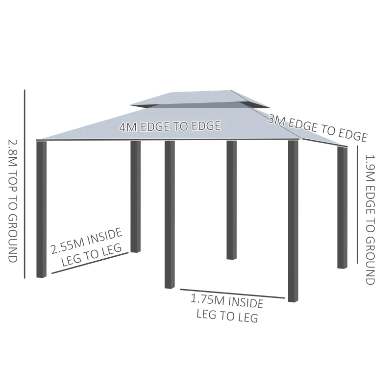 Best 4m x 3(m)Garden Gazebo, Double Roof Outdoor Gazebo Canopy Shelter with Curtains, Solid Steel Frame for Lawn and Deck, Grey - Image 3