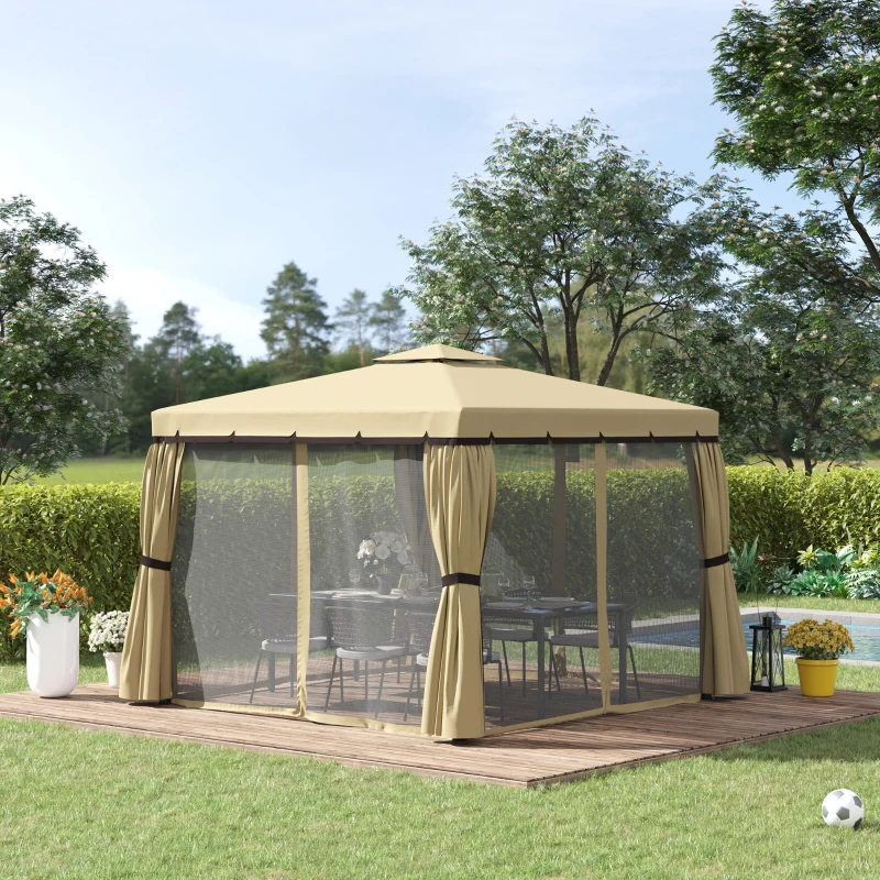 Best 3 x 3(m) Patio Gazebo Canopy Garden Pavilion Tent Shelter with 2 Tier Water Repellent Roof, Mosquito Netting and Curtains, Aluminium Frame, Beige - Image 2