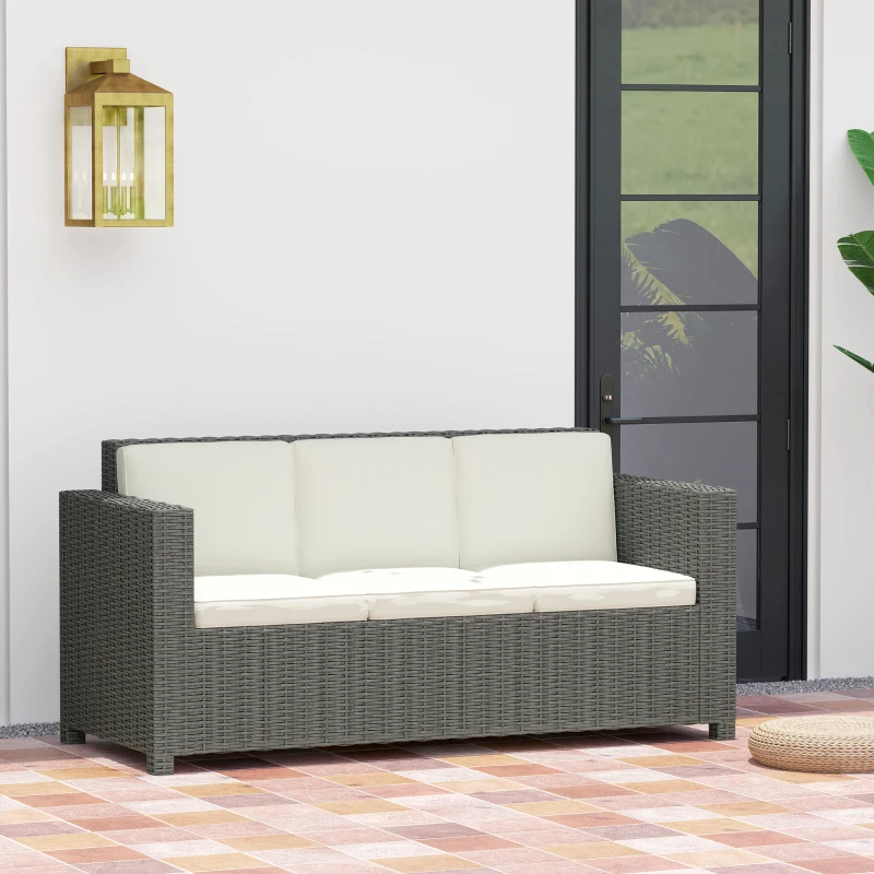 Best 3 Seater Rattan Sofa All-Weather Wicker Weave Metal Frame Chair with Fire Resistant Cushio-Cream - Image 7