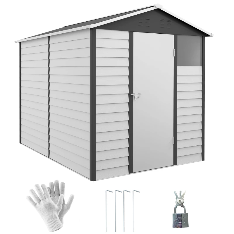 Best 9x 6FT Metal Outdoor Garden Shed, Galvanised Tool Storage Shed w/ Sloped Roof, Lockable Door for Patio Lawn, Dark Grey