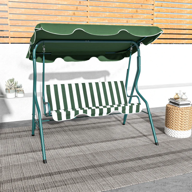 Best 3 Seater Garden Swing Seat Chair Outdoor Bench with Adjustable Canopy and Metal Frame, Green Stripes - Image 7