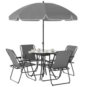 Best 4 Seater Garden Furniture Set, 6 Pieces Garden Table and Chairs with Parasol, Outdoor Garden Dining Set with Folding Chairs and Round Glass Top Table for Patio, Grey