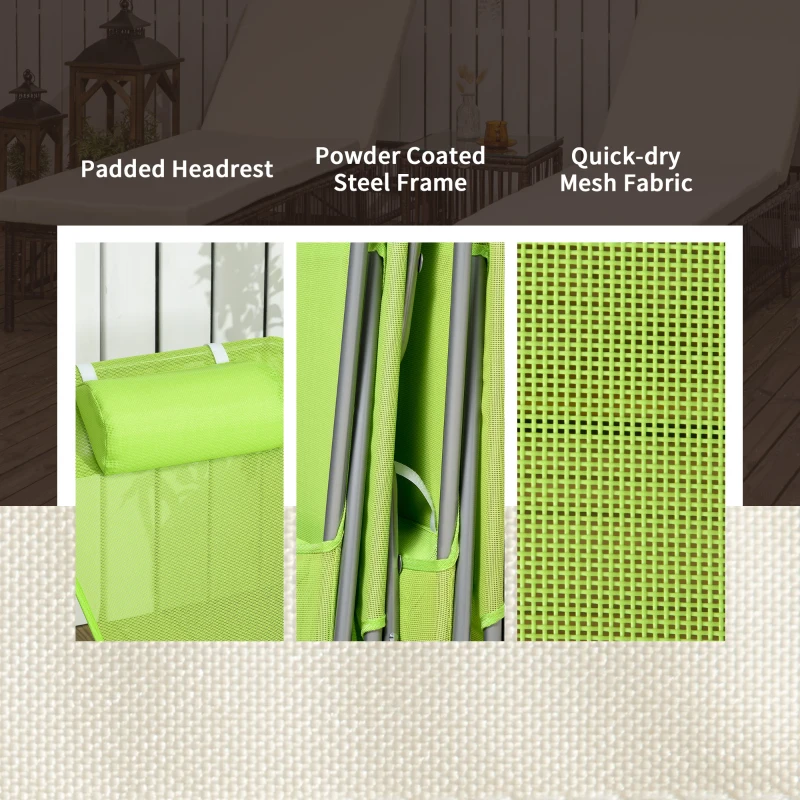 Best Folding Sun Lounger Set of 2, Outdoor Day Beds with Pillow, Reclining Back, Steel Frame and Breathable Mesh for Beach, Yard, Patio, Green - Image 6