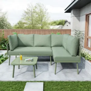 UV-Resistant Garden Lounge Set with Glass Coffee Table, Thick Cushions, L-Shaped Corner Sofa for 4-5 People, 120L x 60W x 86H cm, Green