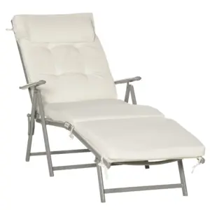 Best Sun Lounger Steel Frame Outdoor Folding Chaise Texteline Lounge Chair Recliner with Headrest & 7 Levels Adjustable Backrest, Cream White