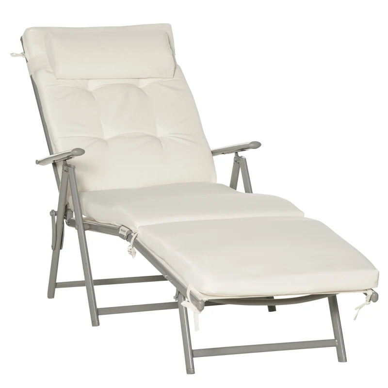 Best Sun Lounger Steel Frame Outdoor Folding Chaise Texteline Lounge Chair Recliner with Headrest & 7 Levels Adjustable Backrest, Cream White