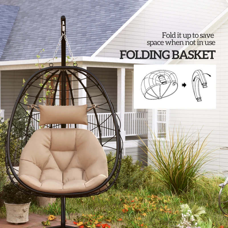 Best Hanging Egg Chair Outdoor Indoor Garden Swing Chair with Folding Basket, Thickened Cushion, Garden Hanging Chair with Stand, Headrest for Patio, Balcony, Khaki - Image 5