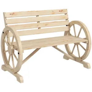 Best Wagon Wheel Chair Bench Armrest Rustic Loveseat Wood Outdoor Garden, Natural