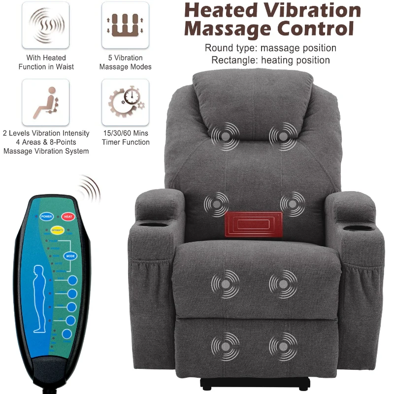 Power Lift Electric Recliner Chair with Massage, Heating, Cup Holders and Side Pockets, Recliner Armchair for Elderly, 81x73x105 cm, Grey - Image 5