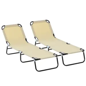 Best 2 Piece Foldable Sun Loungers with 5-Position Adjustable Backrest, Outdoor Portable Recliner Chaise Lounge Chairs with Breathable Mesh Fabric, Beige