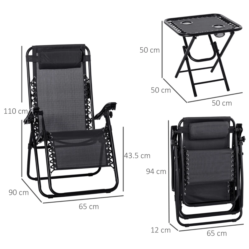Best Folding Zero Gravity Chairs, 3 Pieces Adjustable Sun Lounger and Table Set with Cup Holder and Headrest, Patio Bistro Set with Reclining Garden Chairs for Outdoor, Black - Image 3